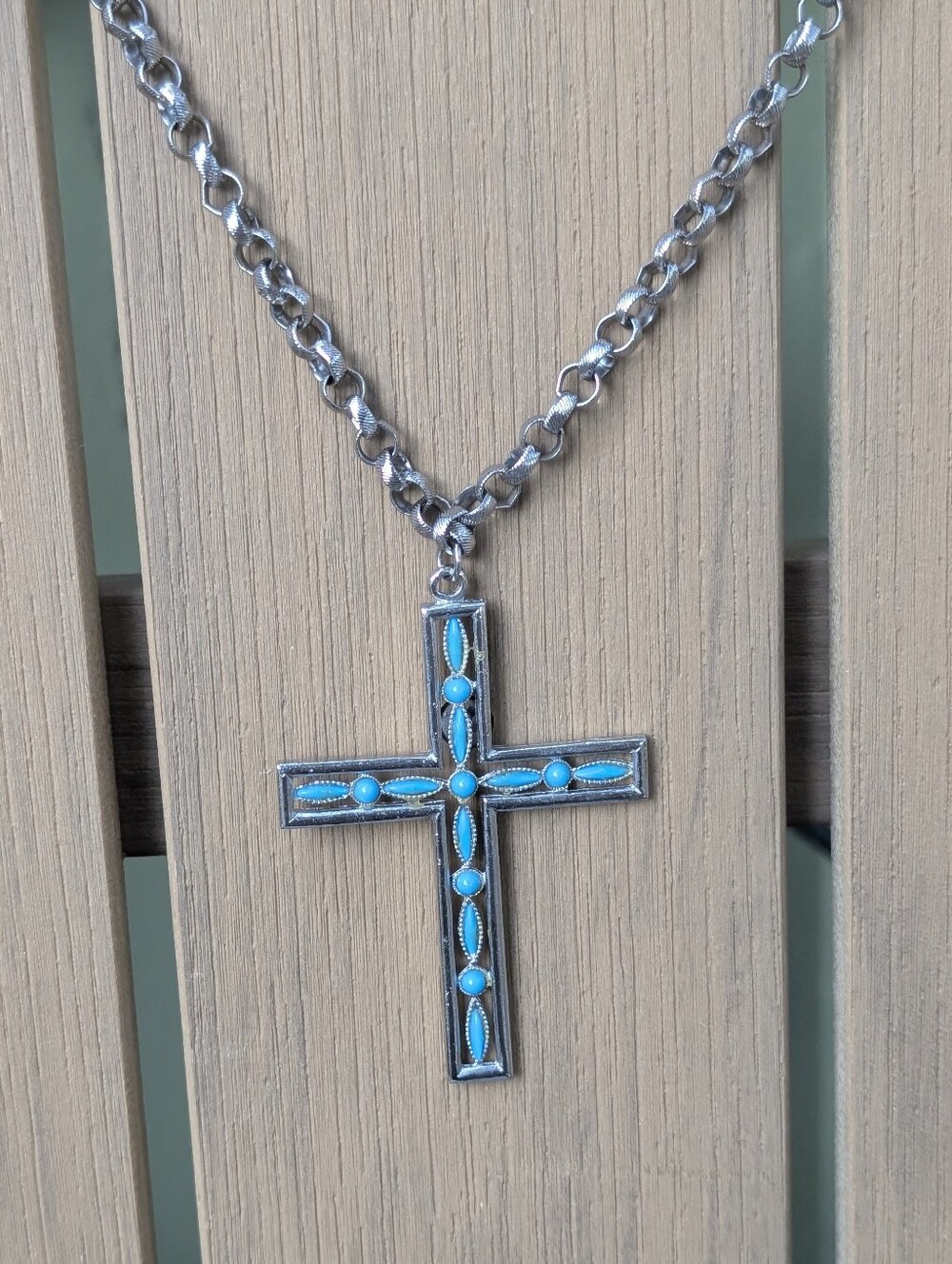 Vintage Turquoise Silver Large Cross Pendant Necklace